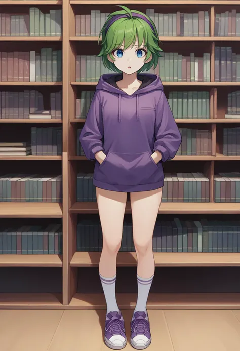 score_9, score_8_up, score_7_up, source_anime BREAK 1girl, solo, <lora:nino-fe-richy-v1_pdxl:1> ninornd, blue eyes, green hair, short hair, antenna hair, purple hairband, library, indoors, book shelf, standing, full body, purple hoodie, sneakers, socks, thighs, looking at viewer, open mouth, confused, hands in pocket