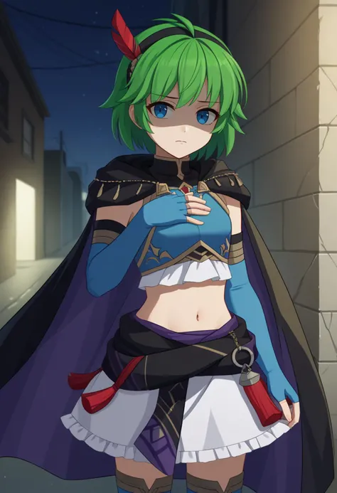 score_9, score_8_up, score_7_up, source_anime BREAK 1girl, solo, <lora:nino-fe-richy-v1_pdxl:1> ninofng, blue eyes, green hair, short hair, antenna hair, black hairband, feather hair ornament, black cloak, blue crop top, midriff, navel, elbow gloves, blue gloves, fingerless gloves, clothes around waist, fng skirt, purple knee boots, dark, darkness, night, night sky, alley, fantasy, shaded face, shade, looking at viewer, closed mouth, hand on own chest