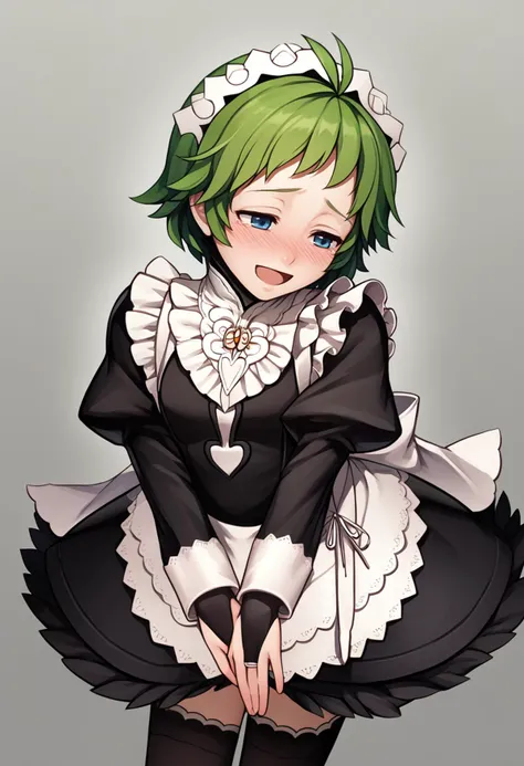 score_9, score_8_up, score_7_up, source_anime BREAK 1girl, solo, <lora:nino-fe-richy-v1_pdxl:1> ninornd, blue eyes, green hair, short hair, antenna hair, <lora:fatesmaid-fe-richy-v1_pdxl:1> fates maid, maid headdress, maid apron, bridal gauntlets, black thighhighs, smile, open mouth, half-closed eyes, blush, embarrassed, shy