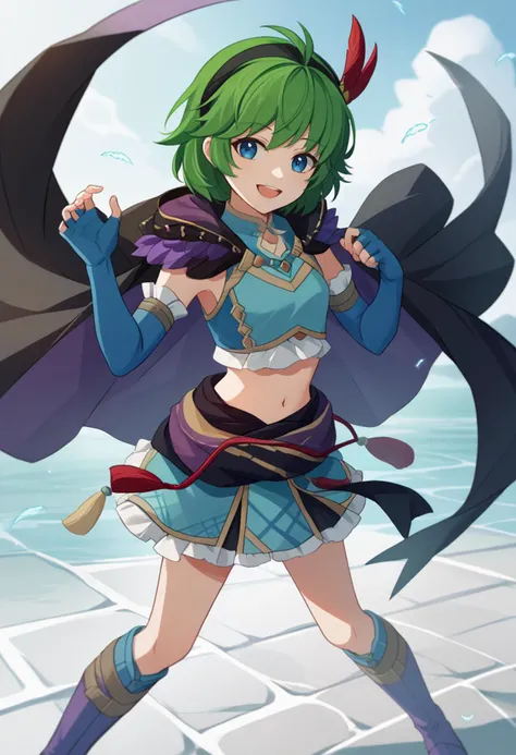 score_9, score_8_up, score_7_up, source_anime BREAK 1girl, solo, standing, looking at viewer, smile, open mouth, <lora:nino-fe-richy-v1_pdxl:1> ninofng, blue eyes, green hair, short hair, antenna hair, black hairband, feather hair ornament, black cloak, blue crop top, midriff, navel, elbow gloves, blue gloves, fingerless gloves, clothes around waist, fng skirt, purple knee boots
