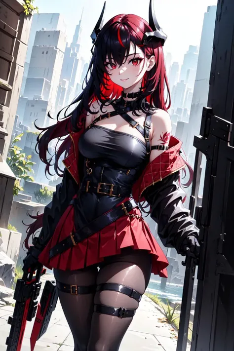 Masterpiece, caera, 1girl, solo, long hair, looking at viewer, smile, skirt, black hair, red eyes, gloves, holding, hair between eyes, bare shoulders, very long hair, jacket, full body, weapon, pantyhose, red hair, open clothes, horns, black gloves, black skirt, off shoulder, holding weapon, hair over one eye, streaked hair, black pantyhose, tattoo, thigh strap <lora:Caera-01:1>