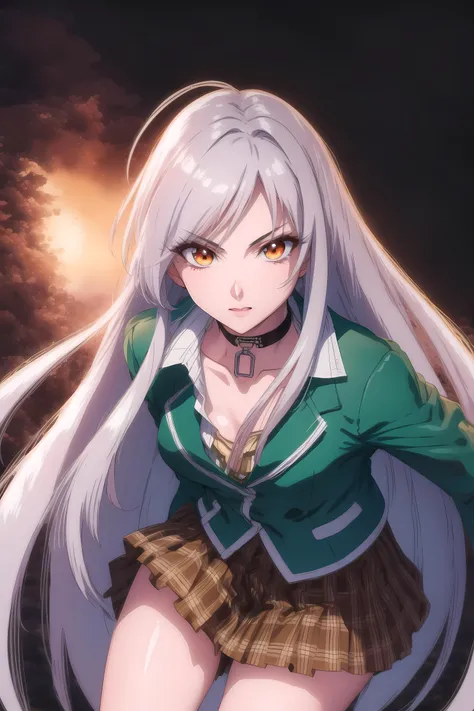 masterpiece, best quality, highly detailed,fight, high kick,
(green_jacket),brown skirt, black choker, long white hair,glowing_red_eyes, 1 girl, small brists,Solo, Manga,25yo,mature female,Beautiful Finger,Beautiful long legs,Beautiful body,Beautiful Nose,Beautiful character design, perfect eyes, perfect face, <lora:MokaAkashiya-V1:0.7> <lora:ink-0.1-3-b28-bf16-D128-A1-1-ep64-768-DAdaptation-cosine:1>