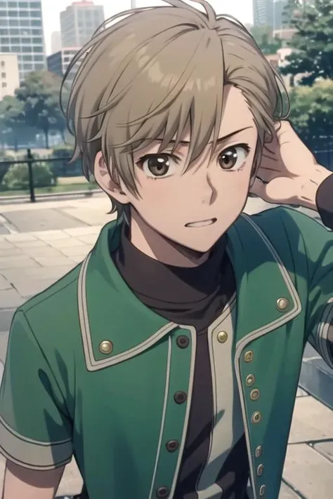 masterpiece, best quality, , 1boy, solo, male focus, looking at viewer, , , ligne claire, realistic, <lora:shuka_akagami_no_shirayuki-hime:0.74>, shuka_akagami_no_shirayuki-hime, brown hair, brown eyes, , The City of Glas,