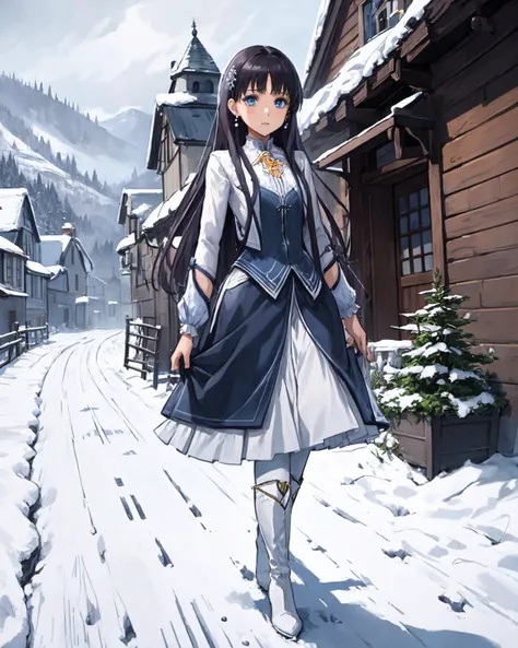 best quality, (masterpiece:1.2), illustration, absurdres,
(1girl, solo), (beautiful detailed girl), full body,
<lora:Elise-08:1>, Elise Schwarzer, blue eyes, long hair, black hair, small breasts, hair ornament, jewelry, pearl earrings,
blue dress, white sleeves, white boots, black pantyhose
winter, cold, snow, snowing, harbor, port, dark, stone buildings, cobblestone buildings, medieval village, viking village,