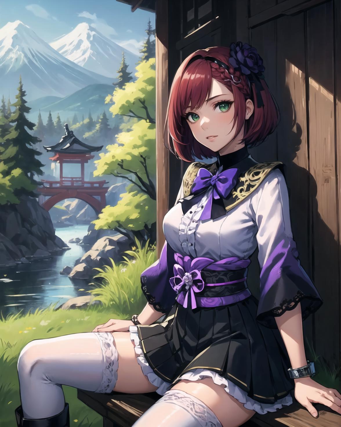 Anime girl sitting on a bench in front of a mountain - SeaArt AI