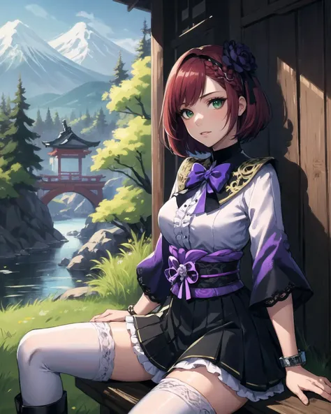 best quality, (masterpiece:1.2), illustration, absurdres,
(1girl, solo), (beautiful detailed girl), cowboy shot,
<lora:GraciaSW3-08:0.8>, Gracia Hosokawa, red hair, short hair, (large hair ornament), green eyes, small breasts,
purple and black shirt, ornate shirt, purple sleeves, black skirt, ornate skirt, bloomers, purple capelet, (white thighhighs:1.1), ornate black boots, purple bracelet,
grassy mountains, trees, japanese architecture, river, plants,
sitting, spread legs,, happy, looking at viewer,