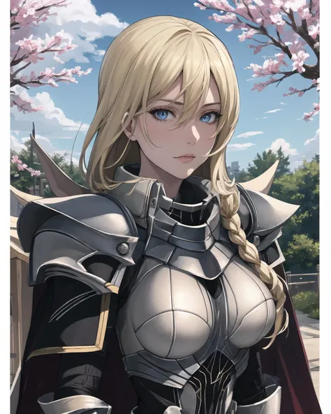 best quality, (masterpiece:1.2), illustration, absurdres,
(1girl, solo), (beautiful detailed girl), (upper body, portrait),,
<lora:Arianrhod-09:1>, Arianrhod, blond hair, long hair, braid, blue eyes, large breasts,
armor, knight, (shoulder armor, pauldrons:1.1), faulds, gauntlets, breastplate, (black_bodysuit:1.3), pantyhose, armored_boots, greaves, red waistcloak, cape,
calm, confident, proud, looking at viewer,
park, sky, clouds, trees, outside japanese school,