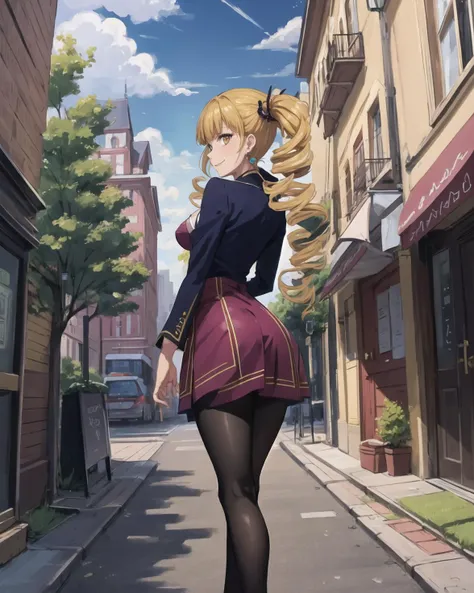 best quality, (masterpiece:1.2), illustration, absurdres, anime,
(1girl, solo), (beautiful detailed girl),
<lora:Mariabell-08:0.9>, Mariabell Crois, yellow hair, drill hair, twin drills, (long hair:1.1), very long hair,, hair ornament, orange eyes, medium breasts, earrings, necklace, jewelry,
dark purple jacket, dark purple skirt, long sleeves, black pantyhose, red dress, cleavage, purple high heels,
smug, smile, looking at viewer,
park, city, tall buildings, street, tree, sky, clouds, day,
arms up,
from behind,,