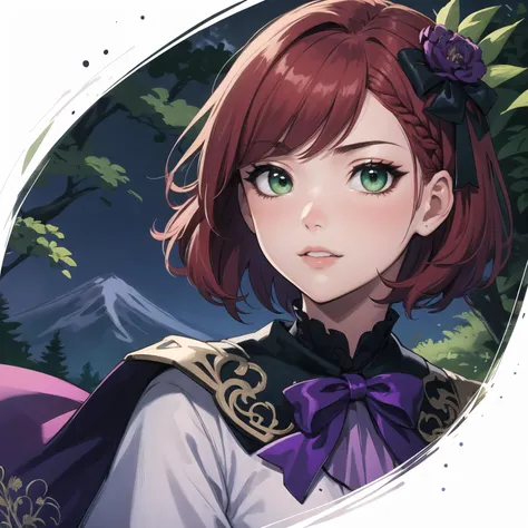 best quality, (masterpiece:1.2), illustration, absurdres,
(1girl, solo), (beautiful detailed girl), ((upper body, portrait)),
<lora:GraciaSW3-08:0.8>, Gracia Hosokawa, red hair, short hair, (large hair ornament), green eyes, small breasts,
purple and black shirt, ornate shirt, purple sleeves, purple capelet,
grassy mountains, trees, japanese architecture, river, plants,
happy, looking at viewer,