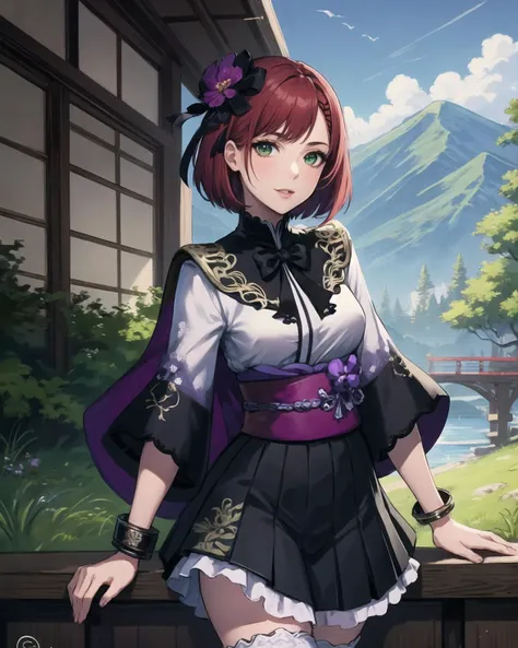 best quality, (masterpiece:1.2), illustration, absurdres,
(1girl, solo), (beautiful detailed girl), cowboy shot,
<lora:GraciaSW3-09:0.8>, Gracia Hosokawa, red hair, short hair, (large hair ornament), green eyes, small breasts,
purple and black shirt, ornate shirt, purple sleeves, black skirt, ornate skirt, bloomers, purple capelet, (white thighhighs:1.1), ornate black boots, purple bracelet,
grassy mountains, trees, japanese architecture, river, plants,
lying, happy, looking at viewer,