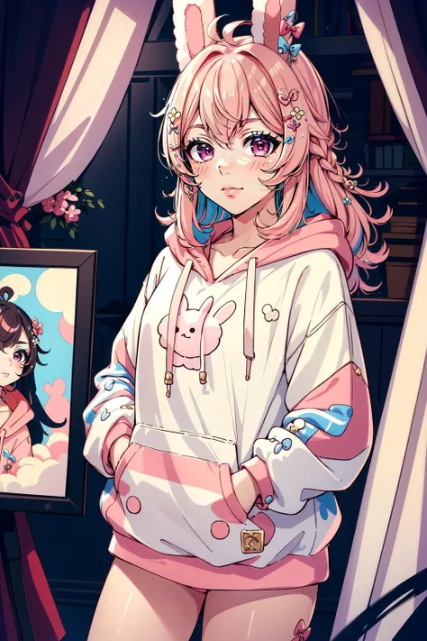 (masterpiece, best quality), intricate details,
1girl, <lora:Pippa:0.8> pippa, virtual youtuber, pink hair, hair ornament, rabbit ears, pink eyes, hoodie,