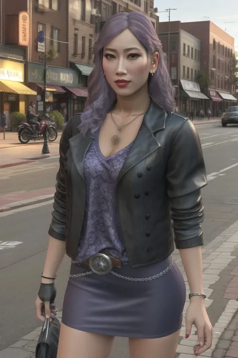 <lora:seong-hui:1>, seong-hui, 4k, high detail, studio lighting, masterpiece, best quality, 1girl, ground vehicle, skirt, bicycle, jewelry, necklace, holding hands, solo focus, pencil skirt, road, jacket, realistic, gloves, city, miniskirt, earrings, leather, street, purple hair, night, bracelet, leather jacket, sign, motor vehicle, outdoors, brown eyes, long hair, makeup, belt, lips, nail polish