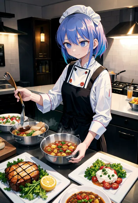 (extremely detailed CG unity 8k wallpaper), (an extremely delicate and beautiful), In this vibrant scene, a young woman commands the bustling atmosphere of a professional kitchen with grace and expertise. She stands at the heart of the culinary action, adorned in a chef's costume that embodies her passion for the culinary arts. The young woman exudes confidence as she navigates the well-equipped kitchen. Her chef's uniform, pristine and crisp, emphasizes her professionalism. The double-breasted jacket, tailored to perfection, bears the emblem of the renowned culinary establishment where she honed her skills. The tall, pleated chef's hat perched atop her head adds an air of authority, symbolizing her expertise in the culinary realm. With her sleeves rolled up and a determined expression on her face, the young woman channels her creativity and culinary prowess into the dishes she prepares. Her nimble fingers dance across the cutting board as she deftly slices and dices ingredients with precision. The tantalizing aromas of various herbs and spices fill the air, teasing the senses. The professional kitchen surrounding her buzzes with activity. Stainless steel appliances and gleaming countertops reflect the vibrant energy within. Cookware clatters, burners roar to life, and the symphony of sizzling and simmering fills the space. The kitchen staff around her move with synchronized efficiency, creating an atmosphere of collaboration and dedication. Despite the fast-paced environment, the young woman's focus remains unwavering. She showcases a remarkable balance between technique and creativity, combining flavors and textures in innovative ways. Her artistic flair shines through as she garnishes each dish with meticulous attention to detail, transforming food into edible works of art. The young woman's eyes sparkle with a mix of determination and passion. Her radiant smile radiates her love for the culinary craft, and her interactions with the kitchen staff reflect her natural leadership and ability to inspire others. Whether offering guidance, sharing a lighthearted joke, or commending a job well done, her presence fosters an atmosphere of camaraderie and teamwork. In the background, the kitchen's organization and cleanliness further attest to the professionalism and commitment to excellence. Gleaming pots and pans hang neatly from racks, spices are meticulously labeled and arranged, and a whiteboard displays the day's specials and ongoing projects. This vibrant image captures the essence of a young woman in a chef costume, exuding passion and skill as she takes charge of a professional kitchen. It invites viewers to appreciate the artistry and dedication that goes into creating culinary masterpieces, and to recognize the harmonious balance between technique, creativity, and teamwork that makes the culinary world so captivating. (looking away:2.0)