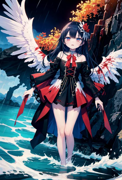 black and white and blue and red,(best quality, ultra-detailed, high resolution, extremely detailed cg),wide shot,dead angels stand on cliff edge,she is very beautiful,she like blood and sea,bloody rain, mystical,fanatic, intricate, surreal,delicate