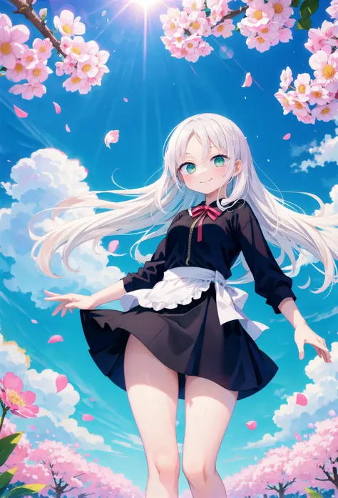 1 girl, scenery, warm outside, summer time, floating flower petals, sun shining bright, sunny day, sun in the sky, blue sky, fluffy clouds, pink hue, sunbeams, orchard in the background, sakura trees, smile, green eyes, extremely long hair, (white hair:1.2), forehead, large breasts, thick thighs, Maid skirt, hoody, bare legs, flat ballet shoes,