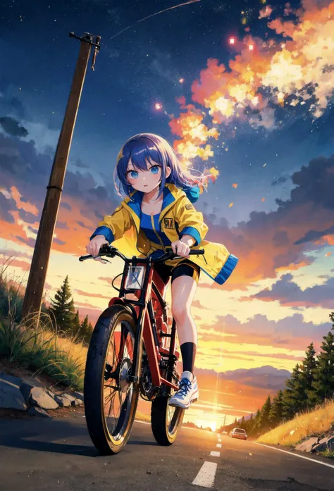 (pov), steampunk style yhmotorbike, 1woman, golden color jacket, open jacket, bike shorts, riding shoes, sprint, multiple angle, full power sprint, ride a motocross, (mountains, public roads), anime picture, art cg, (ultra-detailed:1.3), best quality, illustration, particle lighting, beautiful detailed glow, an extremely delicate and beautiful, gleaming skin, shiny hair, detailed and delicate costumes