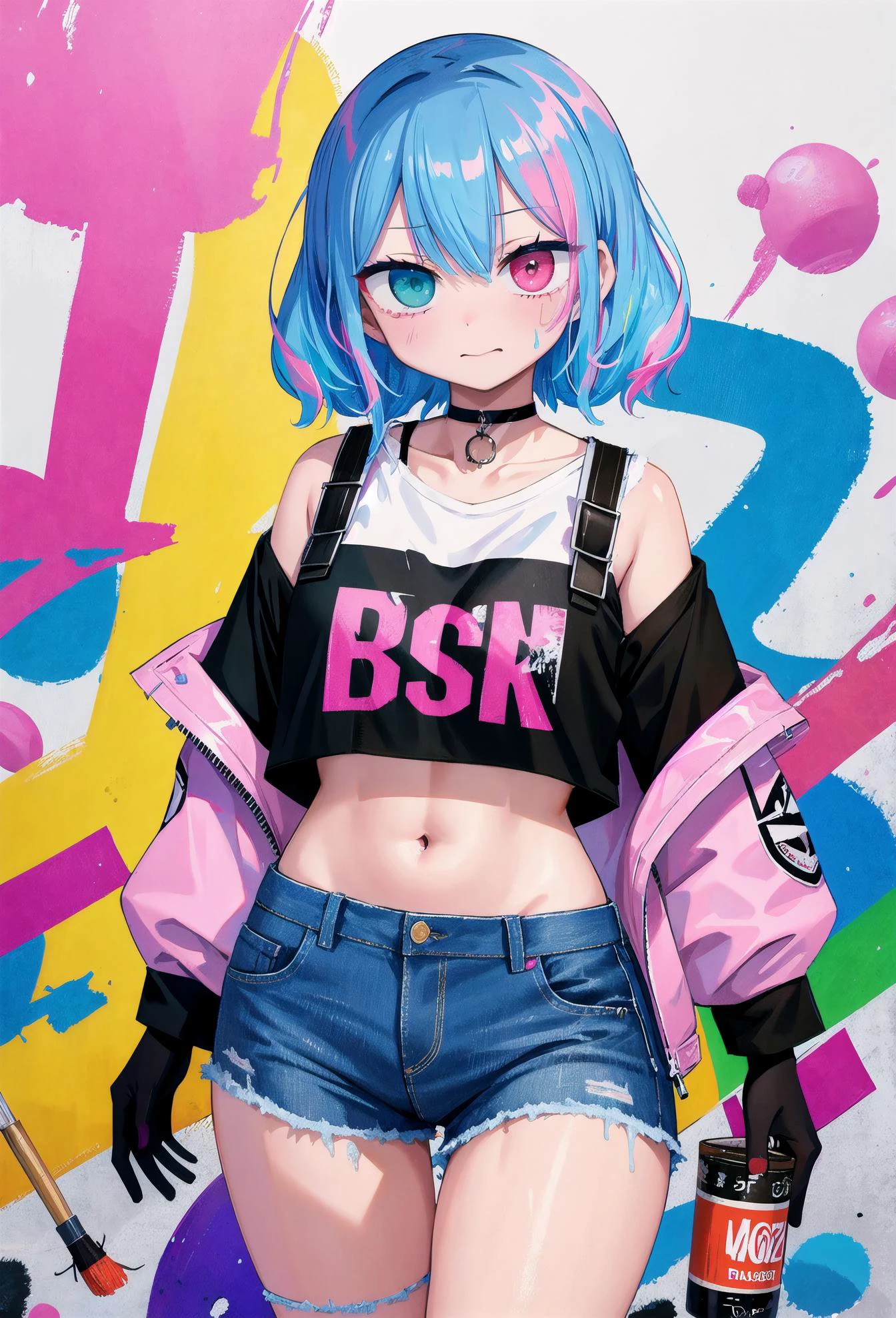 (masterpiece:1.3), (illustration:1.1), (best quality:1.1), (best aethetic:1), (beautiful art:1.2), (ultra-detailed:1.2), (8k), (HDR), (sharp focus), (intricate)
BREAK
splattered highlight paint with graffiti, ripped jeans, two thick rose braids, paint on clothes, fishnet gloves, pink black and blue hair, confidence with attitude, holding spray paint can, petite, loose fitting crop top, hip-hop punk, choker, heterochromia eyes, arm straps, very large baggie pants