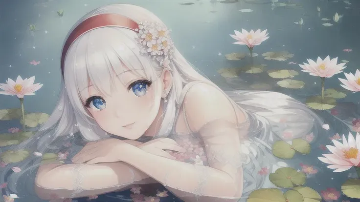 masterpiece, best quality, 1girl, (masterpiece), (super delicate), (illustration), sparkles, ((detailed eyes)), strong light, hairband, white hair, (((lying in water))), water, pond, red eyes, flowers, flower petals,