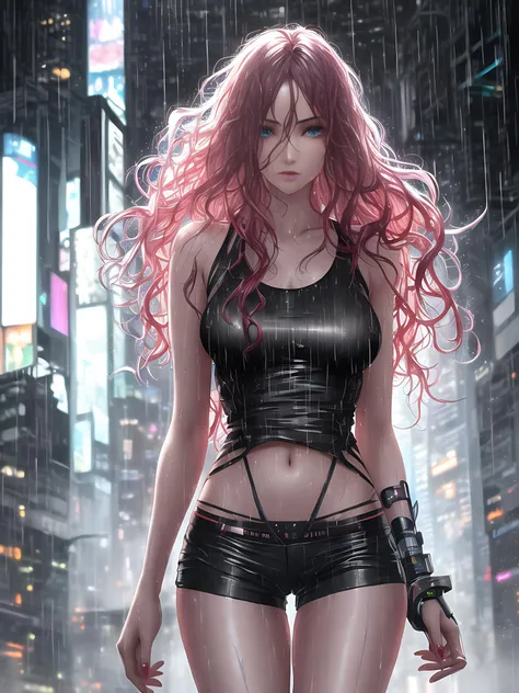 award winning RAW color photo of gorgeous woman, wavy hair, detailed alluring eyes. Thigh gap, long sexy legs, tiny shorts, tshirt, beautiful futuristic cyberpunk city, mist, wet, raining, shallow depth of field, high contrast, backlighting, bloom, chromatic aberration, smooth, sharp focus, taken on a mirrorless camera