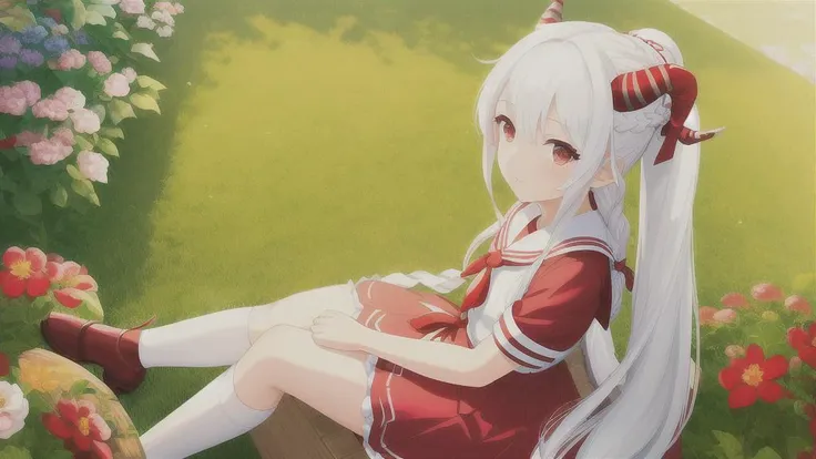 masterpiece, best quality, ((colorful)), 1girl, long hair, braided ponytail, (masterpiece), (super delicate), (illustration), white hair, red eyes, sailor dress, upward gaze , sitting, horns, garden,