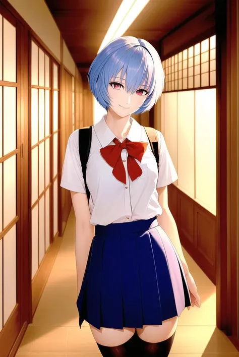 masterpiece portrait of smiling Rei Ayanami \(evangelion\), evangelion \(Hideaki\), caustics, textile shading, high resolution illustration, red eyes, feminine, no pupils, blue hair,  short hair, japanese school uniform, loafers, detailed school, japanese school hallway, japanese modern school in Tokyo, soft light, black stockings, torn stockings, indoors, wooden floor, hallway, at night, neon light