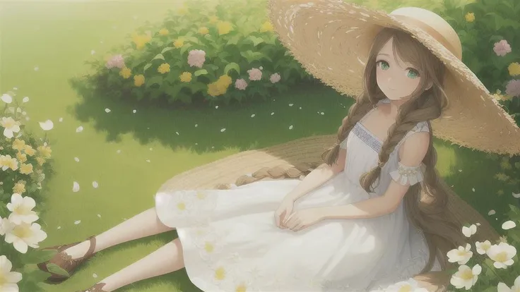 masterpiece, best quality, 1girl, long hair, braids, (masterpiece), (super delicate), (illustration), brown hair, green eyes, white dress, upward gaze , sitting, straw hat, sparkles, ((detailed eyes)), strong light, garden, flowers, flower petals