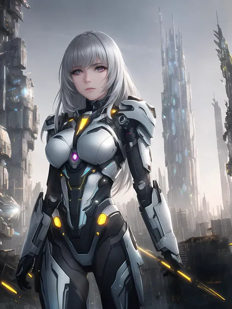 award winning photo of a beautiful cyborg woman, wearing titanium futuristic armor, destroyed futuristic city in background, high contrast, soft lighting, backlighting, bloom, light sparkles, chromatic aberration, sharp focus