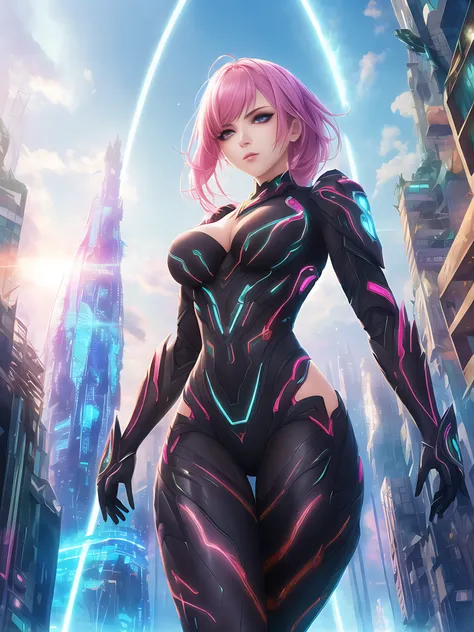 high quality RAW color photo of a beautiful female wearing futuristic armor in a destroyed futuristic city, fantasy, sci-fi, beautiful feminine face, seductive, sexual, mist, vivid alluring eyes, high contrast, soft lighting, backlighting, bloom, chromatic aberration, smooth, sharp focus