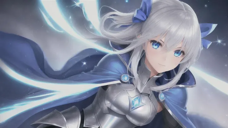 ((1girl)), blue cape, silver armor, silver hair, hair ribbon, blue eyes, detailed eyes, emblem, looking down, warm light, particles, magic, glowing,