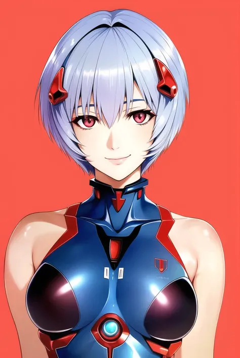 masterpiece portrait of smiling Rei Ayanami \(evangelion\), evangelion \(Hideaki\), caustics, textile shading, high resolution illustration, red eyes, feminine, no pupils, blue hair, short hair, plugsuit, medium sized breasts, detailed background