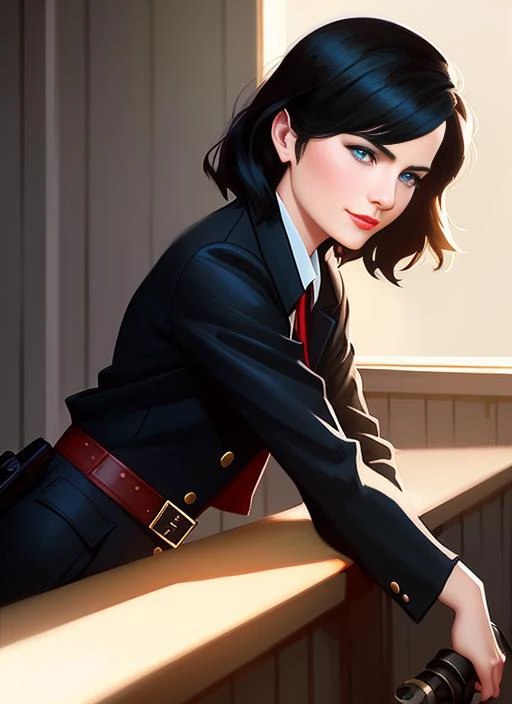 black hair, medium hair, fox ears, hands behind head, blue eyes, eyeshadow, beautiful girl, medium breast, black footwear, belt buckle, mechanical arm, prosthetic hand, uniform, long sleeves, military jacket, unbuttoned black jacket, black pants, seductive smiling, red lipstick, sexually suggestive, (sexy:1.3), Ed Blinkey, Mikhail Vrubel, Atey Ghailan, Jeremy Mann, Greg Manchess, (WLOP:1.2), Charlie Bowater, trending on ArtStation, trending on CGSociety, Intricate, High Detail, Sharp focus, dramatic, photorealistic