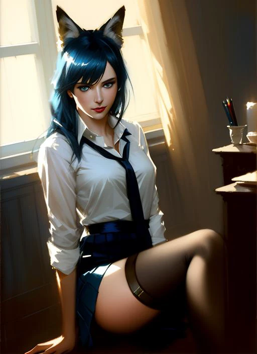 (spread legs:1.2), kneeling, blue hair, medium hair, fox ears, hands behind back, blue eyes, eyeshadow, beautiful girl, medium breast, no bra, pencil black skirt, white shirt, black thighhighs, seductive smiling, red lipstick, sexually suggestive, (sexy:1.3), professional majestic oil painting by Ed Blinkey, Mikhail Vrubel, Atey Ghailan, Jeremy Mann, Greg Manchess, (WLOP:1.2), Charlie Bowater, trending on ArtStation, trending on CGSociety, Intricate, High Detail, Sharp focus, dramatic, photorealistic