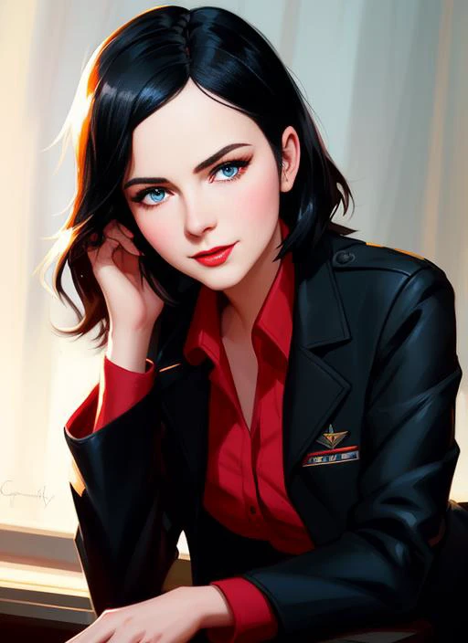 black hair, medium hair, fox ears, hands behind head, blue eyes, eyeshadow, beautiful girl, medium breast, black footwear, belt buckle, mechanical arm, prosthetic hand, uniform, long sleeves, military jacket, unbuttoned black jacket, black pants, seductive smiling, red lipstick, sexually suggestive, (sexy:1.3), Ed Blinkey, Mikhail Vrubel, Atey Ghailan, Jeremy Mann, Greg Manchess, (WLOP:1.2), Charlie Bowater, trending on ArtStation, trending on CGSociety, Intricate, High Detail, Sharp focus, dramatic, photorealistic