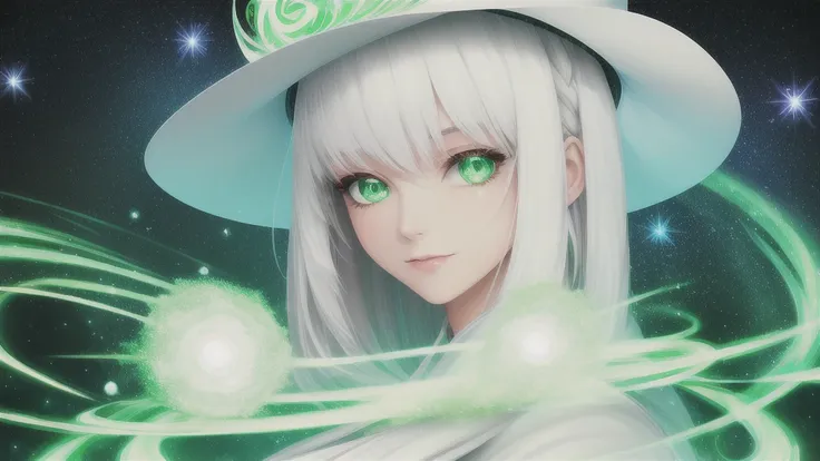 masterpiece, high quality, very detailed, 1girl, white hair, green eyes, magic, magic swirls, magic particles, dust, glowing eyes, hat, colorful, full body