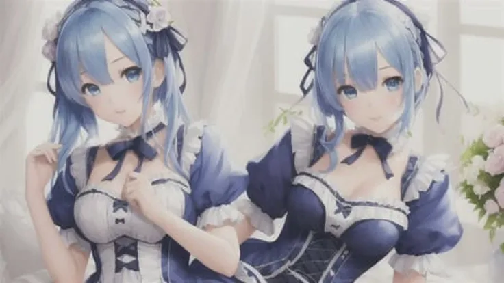 ((1girl)), rem from rezero, colorful hair, blue eyes, frilly blue and white lace dress, blue hair ribbons, very detailed, masterpiece, delicate