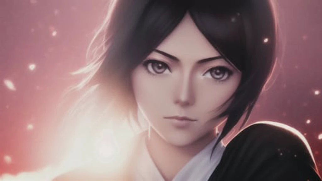 ((1girl)), rukia kuchiki from bleach,  warm light, particles, head shot