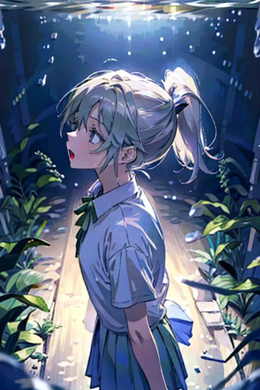 (masterpiece, best quality), 1girl, open mouth, ponytail, white shirt, green clothes, pleated skirt, looking up, forest, dark clouds, raining, phblue, scenery, blue theme, light from above, beam of light, natural lighting, underwater, spotlight, wagashi,