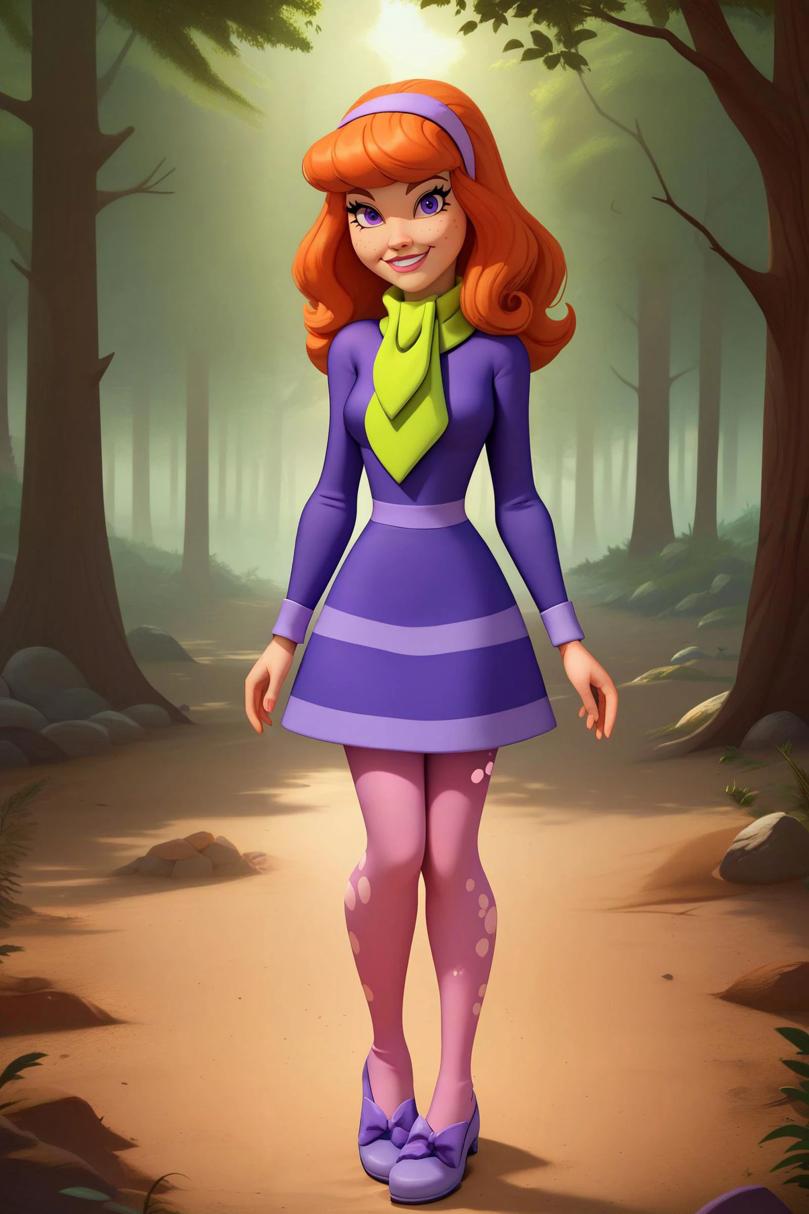 zPDXL2,<lora:DaphneMysteryIPony1.0:.6>,<lora:Beautiful_CAT_Pony:1>
daphneb, 1girl, long orange hair, hairband, purple dress, purple eyes, green scarf, pink pantyhose, purple flats, looking at viewer, smiling, standing, outside, forest, dirt path, dappled sunlight,