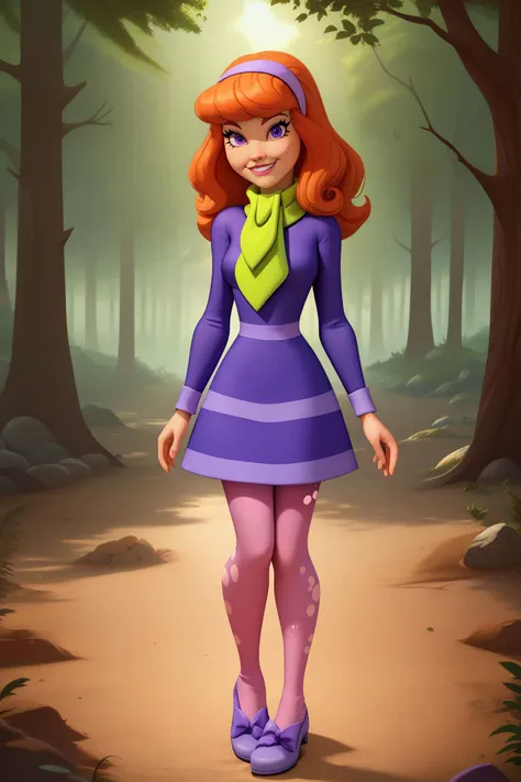 zPDXL2,<lora:DaphneMysteryIPony1.0:.6>,<lora:Beautiful_CAT_Pony:1>
daphneb, 1girl, long orange hair, hairband, purple dress, purple eyes, green scarf, pink pantyhose, purple flats,  looking at viewer, smiling, standing, outside, forest, dirt path, dappled sunlight,