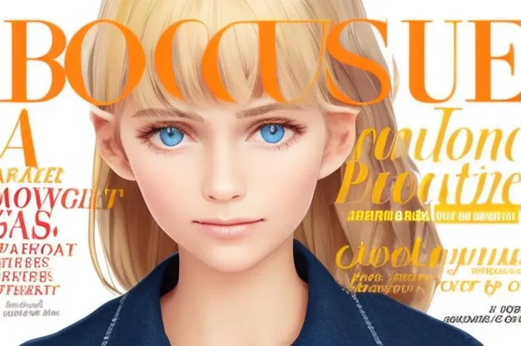 a closeup portrait of blonde girl wearing a blue shirt, a magazine cover