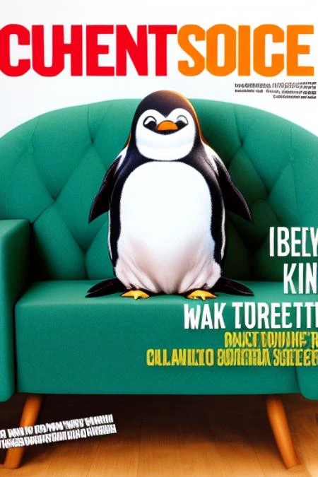 a fat penguin in a couch, a magazine cover,fake cover