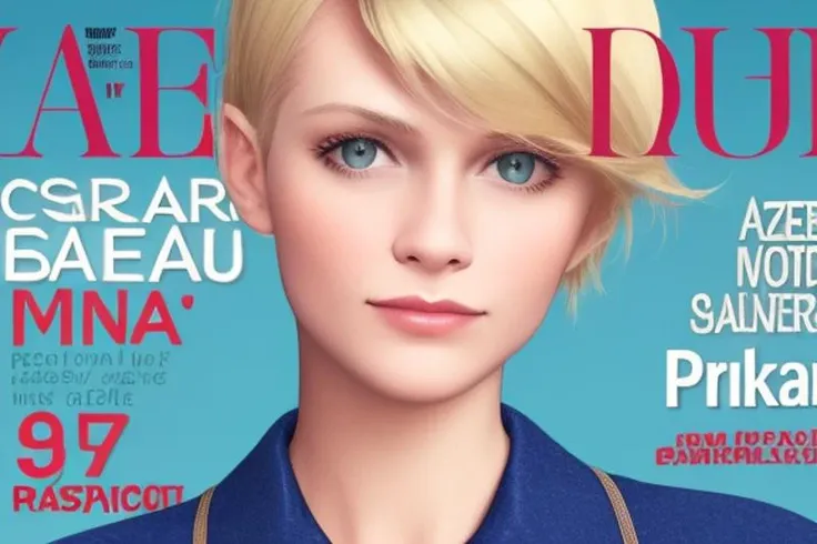 a closeup portrait of blonde girl wearing a blue shirt, a magazine cover