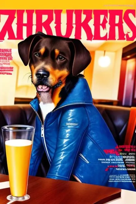 dog wearing cool jacket at restaurant,cyberpunk, a magazine cover