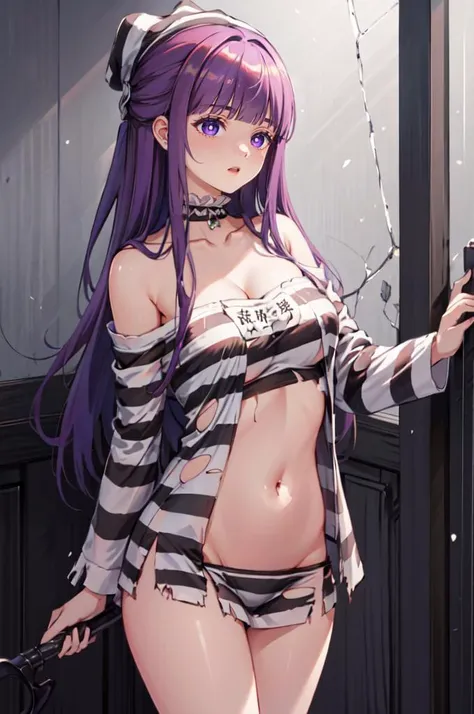 <lora:PrisonClothesOfMerkuriaV1[prison clothes,metal collar,off-shoulder][striped headwear]:0.9> prison clothes, striped, off shoulder, striped headwear, groin, no panties, torn shirt,   <lora:CHAR-Fern:1> FernFrieren, very long hair, purple eyes, (purple pupils),, ultra detailed, masterpiece, best quality, aesthetic, detailed,