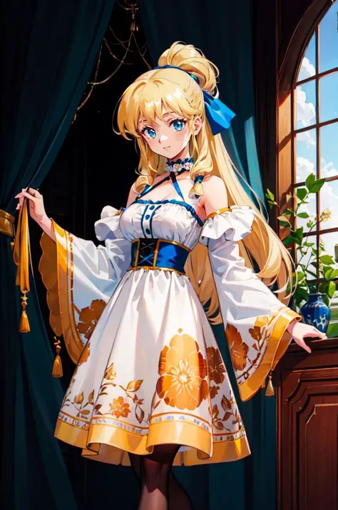 <lora:kimura:1> retro artstyle, white and blue theme,, ultra detailed, masterpiece, best quality, aesthetic, detailed,, solo, soft smile, light smile,
1girl, blue eyes, very long hair, blonde hair, long blonde hair, french braid, bangs, medium breasts,, hair ribbon, frilled choker, criss-cross halter, sleeveless dress, high-waist skirt, backless dress, waist bow, detached sleeves, frilled sleeves, wide sleeves, pantyhose, patterned legwear, mary janes,