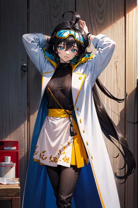 <lora:kimura:1> retro artstyle, white and blue theme,, ultra detailed, masterpiece, best quality, aesthetic, detailed,, solo, soft smile, light smile, 1girl, aqua eyes, black hair, <lora:low_ponytail-1.0:0.95> low ponytail, ahoge, absurdly long hair, very long hair, hair flaps, hair between eyes, bangs, messy hair, small breasts, (goggles on head:1.2),, hooded coat, open coat, turtleneck, pants, black knee boots, multiple straps, white coat, layered clothes, hair ribbon, pants under skirt,