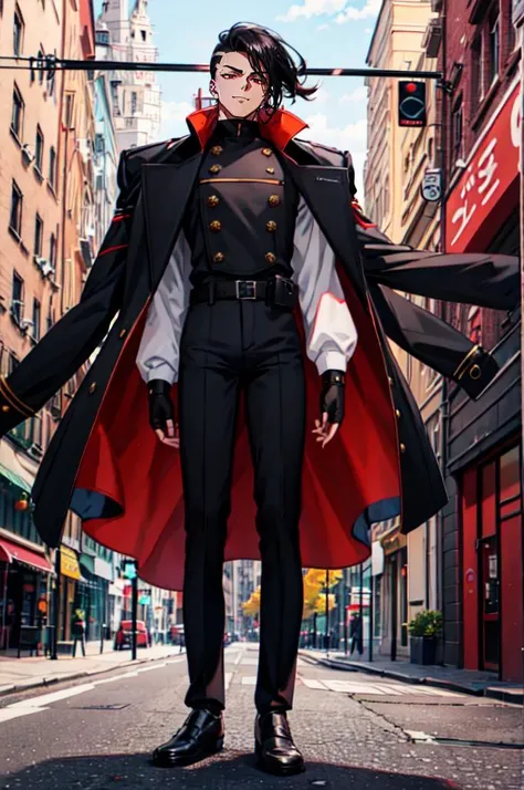 <lora:kimura:1> retro artstyle,, ultra detailed, masterpiece, best quality, aesthetic, detailed,, solo, smug smile, 1boy, red eyes, <lora:Tsurime3:0.7>, (tsurime:1.2), black hair, undercut, top knot, parted bangs, long bangs, bangs, short hair, hair intakes, tall,, <lora:StS-Coat-and-Jacket-On-Shoulders-Iteration2:0.7> dataset, jacket on shoulders, (coat on shoulders:1.3), black coat, dress shirt, sleeves rolled up, fingerless gloves, holster, pants, belt, multiple belts, combat boots, bulletproof vest, tactical clothes,