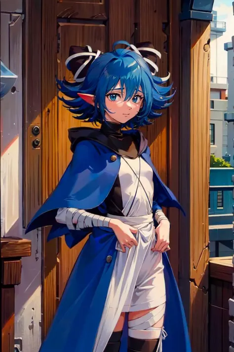 <lora:kimura:1> retro artstyle, <lora:RtPL-Serene:1> serene_\(riviera\), blue_capelet, white_coat, black_bodysuit, black_headwear, bandages, short_hair,, ultra detailed, masterpiece, best quality, aesthetic, detailed,, solo, soft smile, light smile, 1girl, aqua eyes, black hair, <lora:low_ponytail-1.0:0.95> low ponytail, ahoge, absurdly long hair, very long hair, hair flaps, hair between eyes, bangs, messy hair, small breasts, (goggles on head:1.2),, hooded coat, open coat, turtleneck, pants, black knee boots, multiple straps, white coat, layered clothes, hair ribbon, pants under skirt,