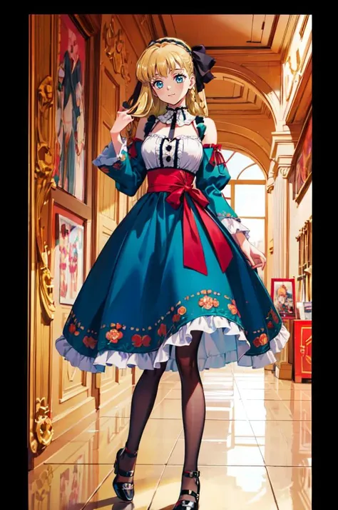 <lora:kimura:1> retro artstyle,, ultra detailed, masterpiece, best quality, aesthetic, detailed,, solo, soft smile, light smile,
1girl, blue eyes, very long hair, blonde hair, long blonde hair, french braid, bangs, medium breasts,, hair ribbon, frilled choker, criss-cross halter, sleeveless dress, high-waist skirt, backless dress, waist bow, detached sleeves, frilled sleeves, wide sleeves, pantyhose, patterned legwear, mary janes,