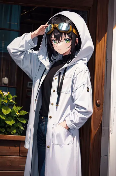 <lora:kimura:1> retro artstyle,, ultra detailed, masterpiece, best quality, aesthetic, detailed,, ultra detailed, masterpiece, best quality, solo, smile, 1boy, green eyes, short hair, black hair, bangs, hair between eyes, messy hair, (goggles on head:1.2),, headband, white coat, hooded coat, hood down, open coat, turtleneck, capri pants, pants, black knee boots,